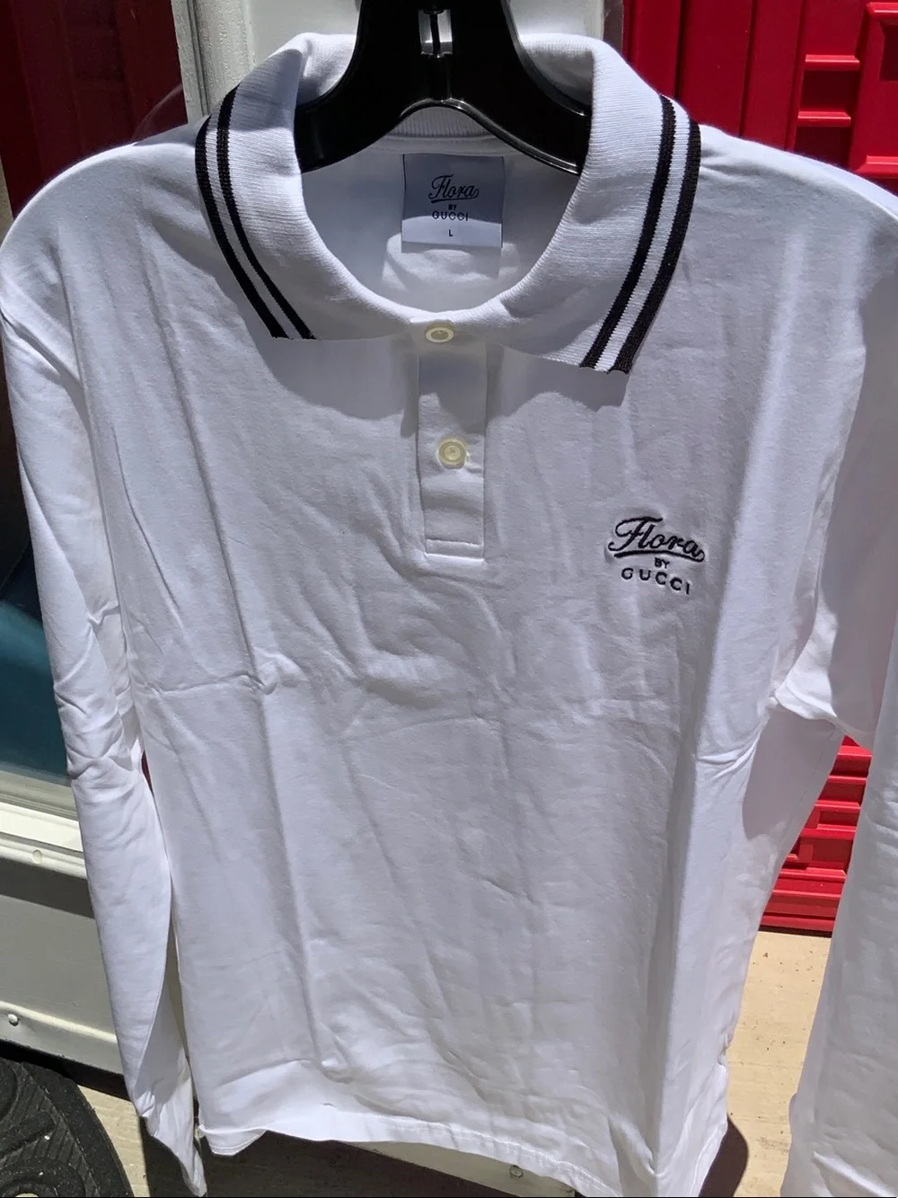 Men’s Gucci White Long Sleeve Polo Black Stripe Collar. Large Promotional Item
